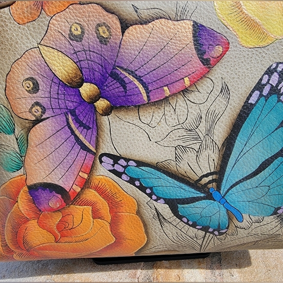 Anuschka Hand Painted Leather Satchel - Floral And Butterfly Design - Picture 9 of 16